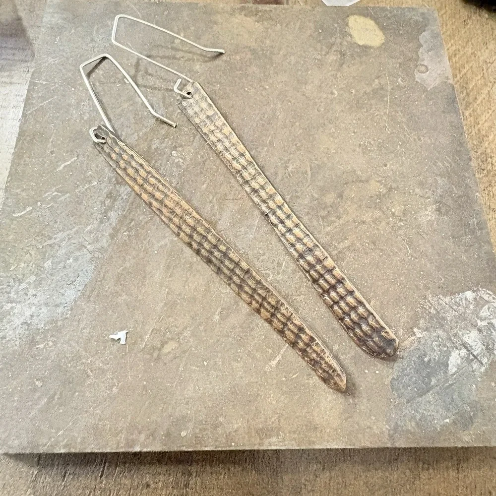 Pure Copper Solid Embossed Stick Rustic Earrings Drop Boho Handmade Hammered